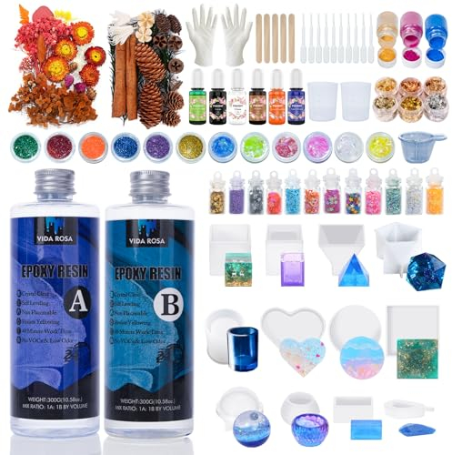 VidaRosa Epoxy Resin Kit for Beginners - 600ml/21.16oz Crystal Clear Resin Starter Kits with 12 molds,2 Dried Flower, Coating and Casting Art Resin for DIY Craft Gifts,Jewelry Making