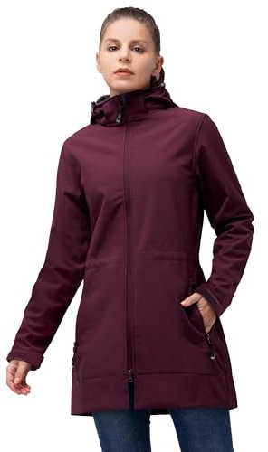 33,000ft Softshelljacke Damen Lange Übergangsjacke Wasserdicht Winddicht Softshellmantel Windbreaker Atmungsaktiv Wanderjacke Outdoor Mantel mit Abnehmbarer Kapuze, Himbeerrot L