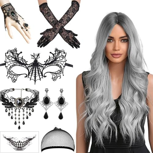 Halloween Perücke Damen Perücke Grau, 8er Perücke Damen Set, Perücke Halloween Damen, Gotisch Halskette Armband Ohrringe Halloween-Sticker Maske Damen Gothic Zubehör Karneval Halloween Kostüm Cosplay