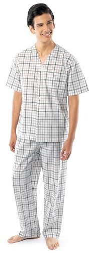Fruit of the Loom Men's Broadcloth Short Sleeve Top and Long Pants Pajama Set, Natural/Green Plaid