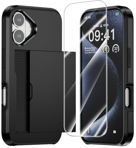 ZUSLAB Etui à Fente pour Carte Compatible avec iPhone 16 6.1'' 2024, Coque Portefeuille avec 1 Protecteur d'Écran en Verre Trempé, Antichoc en Caoutchouc & PC pour Femmes Hommes Noir
