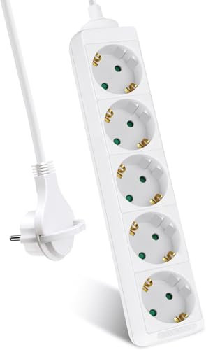EXTRASTAR 5-Fach Steckdosenleiste, Flachstecker Mehrfachsteckdose mit 3m Kabel, Flacher Stecker mit Kindersicherung, 16A/3680W, Weiβ