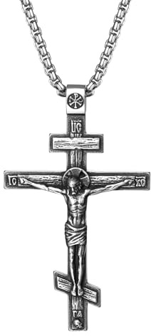 Aroncent Herren Orthodoxe Halskette mit Kruez: Vintage Kreuzkette mit Jesus Christlicher Schutzanhänger Religiöses Männerschmuck für Gebet Taufe Kirchliche Feiern