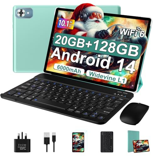 fezawio Android 14 tablet 10 inch 20GB RAM+128GB ROM, Octa Core, WiFi 6, 6000mAh, (1TB TF) tablet with keyboard and mouse+one-year screen rupture insurance —(Green)