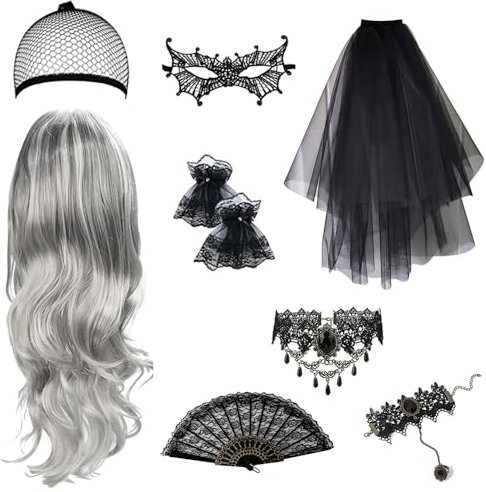 Vampir Perücke Damen,Perücke Frauen Kostüm,Frauen Hochtemperatur-Cosplay-Perücke Graue Perücken für Frauen, Perücke Grau Silber,Perücke Frauen Grau