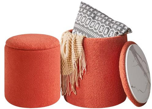 IBUYKE Teddy Samt Eitelkeit Hocker für Make-up, Satz von 2-runden Ottoman mit Lagerung, moderner gepolsterter Sitz Couchtisch, Multifunktionsfußstütze Hocker für Wohnzimmer, Orange WBD015J