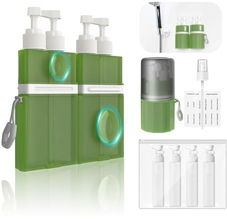 YOTIME 4in1 Kit Flacon Voyage Produit Toilette, Anti Fuite Flacons Voyage avec Pochette Transparente, Convient pour Le Shampoing et Le Gel Douche, Vert