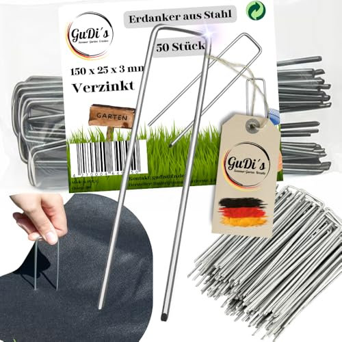 GuDi´s Erdanker (50 Stück) verzinkt aus Stahl für Unkrautvlies - 150 x 25x ⌀3 mm – stabile Bodenanker für Garten, Zaun, Gartenvlies, Camping, Anti-Rost, rostfrei, Erdnägel Zaunverankerung