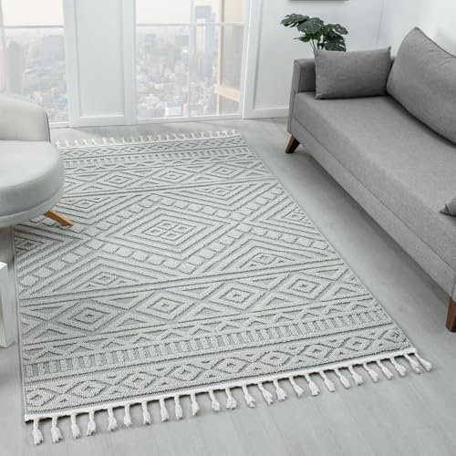 VIMODA Teppich Boho Wohnzimmer, Schlafzimmer, Fransen Skandinavisch, Waschbarer Teppich 3D, Farbe:Grau, Maße:200x290 cm