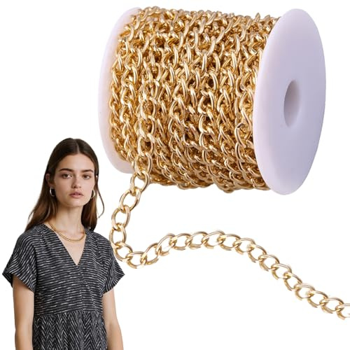 16.4 Feet Aluminum Curb Chains Links Cross Golden Plated Picture Hanging Gold Chain with Spool for Belt Jeans Jewellery-Necklace Making (Gold)