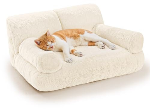 Gimars Canapé Lit pour Chat Grande Taille 10 % de Mousse en Plus, Lit Orthopédique Douillet avec Bords Relevés, Housse Amovible et Base Antidérapante,Blanc Lait