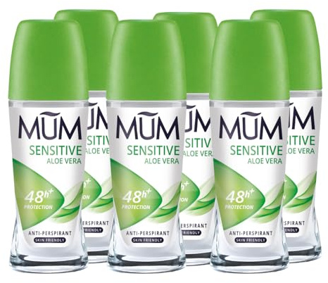 Mum Sensitive Aloe Vera Roll On Deodorant, 48 Hours Plus Protection, Alcohol Free for Sensitive Skin Womens Mens Deodorant, Anti-Perspirant, Vegan, Sustainable Glass Bottle, 50 ml, Pack of 6