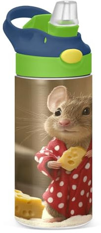 Bouteille d'eau de 355 ml avec paille, gobelet isotherme en acier inoxydable sans BPA avec poignée pour garçons et filles Motif souris portant un peignoir