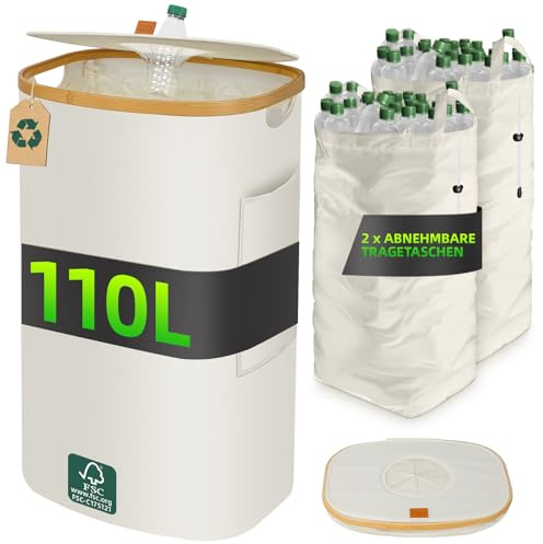 BBtang 110L Pfandflaschen Sammelbehälter Visualisierung, Pfandflaschen Behälter mit Deckel & 2 abnehmbaren Tragetaschen, Groß Pfandsammler, Leergut Sammelbehälter für Küche Und Abstellraum, Beige