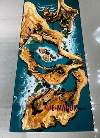 Ocean Epoxidharz-Tisch, französischer Ahorn, Ess- und Couchtisch, stilvolle Holz-Epoxid-Tischplatte, moderne Wohnzimmermöbel (100 x 60 x 3 cm, Oberseite 80 x 45 x 45 cm Beine)