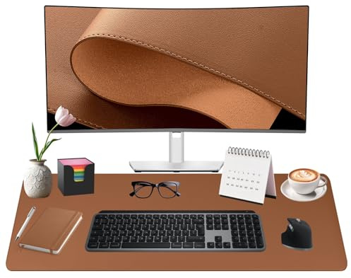 Midori Schreibtischunterlage, 80 x 40 cm PU-Leder Tischunterlage in Braun mit Randnähten | Mauspad mit rutschfester Kunstwildleder Unterseite