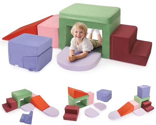 MINENICE Soft Play Schaumstoff Bausteine Kinder,Softbausteine Klettern Riesenbausteine,Kletterspielzeug für Kleinkinder von 1–3 Jahren (7-teiliges Set + Klappsitz)