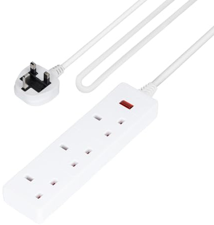 GEEPAS 3 Gang Extension Lead, 1M Cable | 3-Way Plug Extension Cable with Neon Indicator Light | Wall Mountable & Multi Socket Mains Strip for Home Bedroom Office | Heavy Duty UK Plug | White
