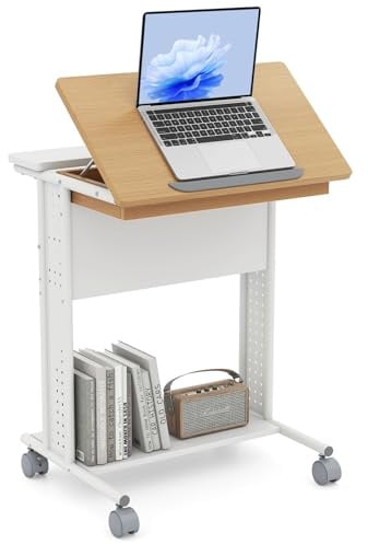 COSTWAY Rolling Portable Desk, Laptop Desk with Tilting Tabletop, Hidden Compartment, Storage Shelves and Pegboards, C-Shaped Computer Cart Overbed Table for Small Space