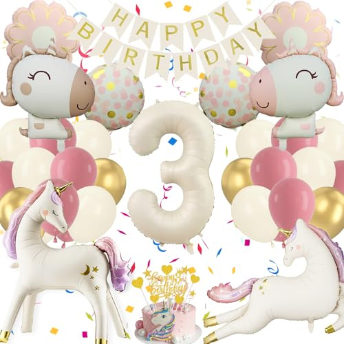 Einhorn-Geburtstagsdekoration für Mädchen 3+ Jahre, 4D-Ballon-Set | XXL-Folien-Einhörner, Tortendeko, Happy Birthday Banner, 24 Latex-Ballons, Gänseblümchen-, runde Ballons