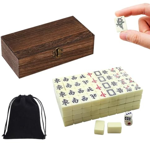 XUXLEKK Mini Mahjong Set, 144 Stück Portable Traditionelles Chinesisches Majong Set, Mahjong Steine mit Edler Holzkiste, Traditionelles MahjongSpielset, Für Party Tischspiele für Erwachsene