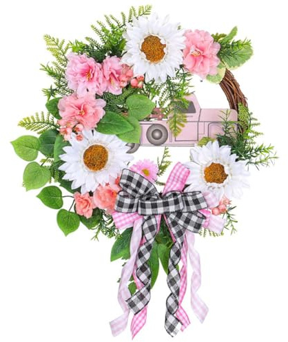 Bosiyrggrl Pink Car Sunflower Artificial Flower Wreath All Seasons Used for Front Door Home Wall 1 Piece