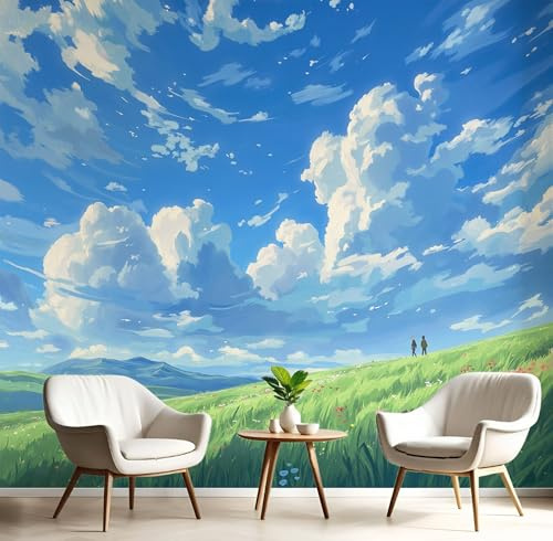 Fototapete 3D Effekt Blau Weiß Grasland Mit Blauem Himmel 350X260Cm Seide Tapeten Wandtapeten Wohnzimmer Schlafzimmer Moderne Wandbilder Xxl Himmelsblick Panorama Wand Dekoration