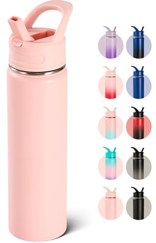Fijinhom 24oz Insulated Stainless Steel Water Bottle with Straws, Double Wall Vacuum Insulated Bottles, Metal Thermo for Travel, Sports, Leak-Proof, BPA Free, Women & Men, Pink