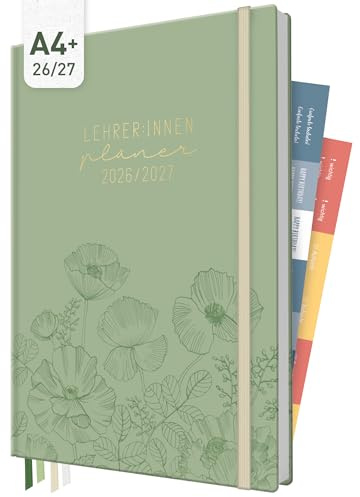 Häfft® Lehrer-Planer Maxi 2026/2027 im A4+ Format Green Poppy | Großer Lehrerkalender & Schulplaner für das Schuljahr 26/27 – Hardcover mit 4 Lesebändchen, Notenlisten & Stickern