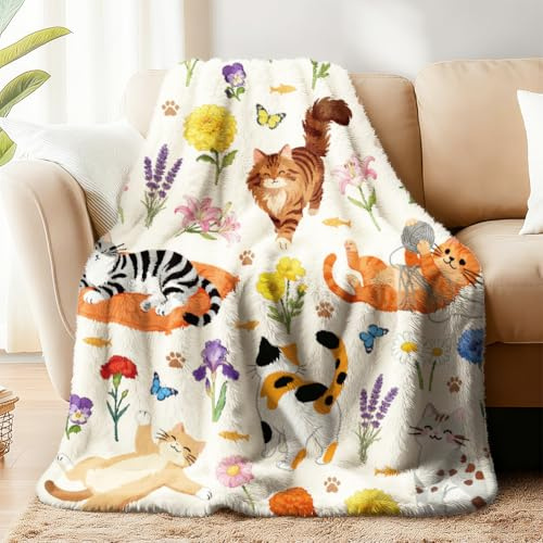 WADORN Katzen Kuscheldecke Geschenk Für Frauen, 150x130cm Katzen Blumenmuster Kuscheldecke Für Katzenliebhaber Katzenfreunde Wildblumen Flauschig Weich Flanell Fleecedecke Für Büro Schlafzimmer Sofa