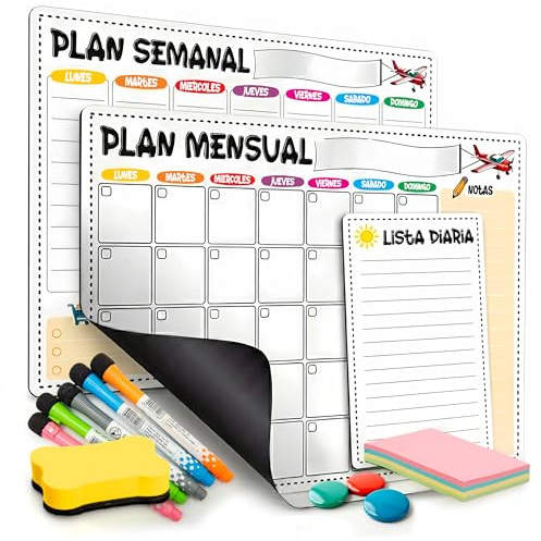 SAMYX Set de Pizarras Magnéticas para Nevera con Planificador Semanal | Mensual y Diario - Kit Organizador incluye Rotuladores, Imanes, Posits