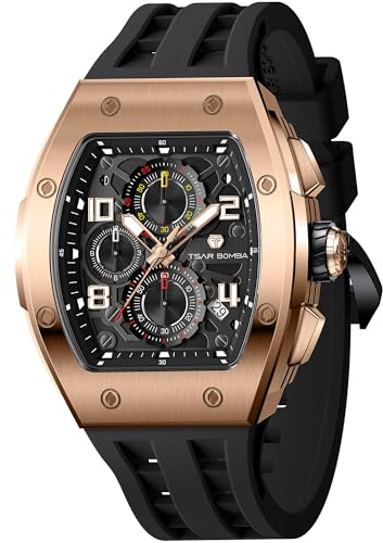 TSAR BOMBA Montre Homme 50M étanche Tonneau en Acier Inoxydable Saphir Bracelet en Silicone avec Fonction Fate Chronographe Mouvement à Quartz Japonais Cadeaux Mode Luxe