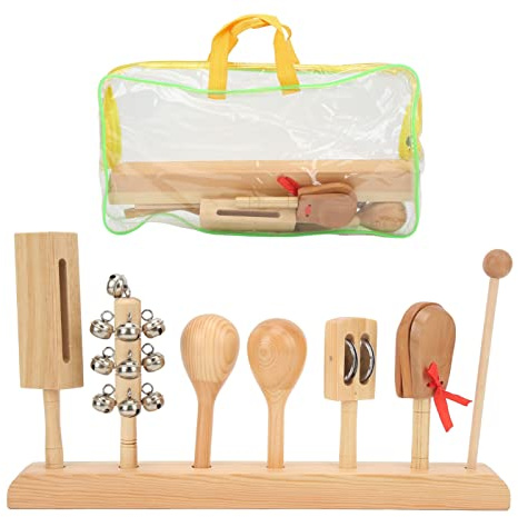 Kinder-Perkussionsset aus Holz: Schellen, Kastagnetten, Rassel, Klopfstock und Sandhammer – solides Holz-Musikinstrumenten-Set für Kinder mit Aufbewahrungstasche zum Musizieren