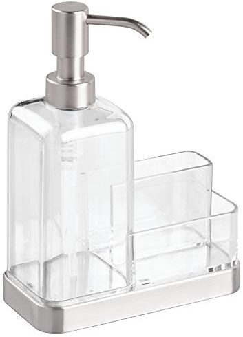 iDesign Dispensador de jabón con bandeja y dos compartimentos, organizador de cocina de plástico y acero inoxidable, dosificador manual de 473 ml con estropajo incluido, plateado