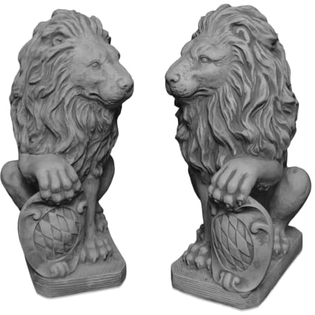 gartendekoparadies.de Statuen Löwen - Paar mit Schild, Steinfigur, H. 54 cm, 80 kg, Grau, frostsicher aus Steinguss für Außenbereich (Set)