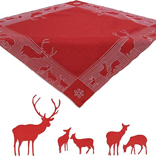 Quinnyshop Hirsch Winter Weihnachts-Stickerei Mitteldecke 85 x 85 cm eckig Polyester, Rot
