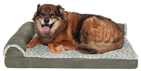 FurHaven Large Memory Foam Dog Bed Two-Tone Faux Fur & Suede L Shaped Chaise w/Removable Washable Cover - Dark Sage, Large