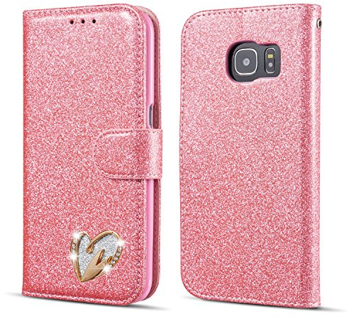 QLTYPRI Samsung Galaxy S7 Edge Hülle, Glitzer Handyhülle PU Ledertasche TPU Etui Handschlaufe Kartenfach mit Eingelegten Liebe Herz Diamond Flip Schutzhülle für Samsung Galaxy S7 Edge - Rosa
