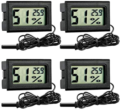 GuDoQi Digital Thermometer Hygrometer, 4 Stück, Mini Digital Temperaturmesser Feuchtigkeitsmesser mit Sonde für Reptilien, Inkubator, Aquarium, Gewächshaus, Autos, Zuhause, Büro