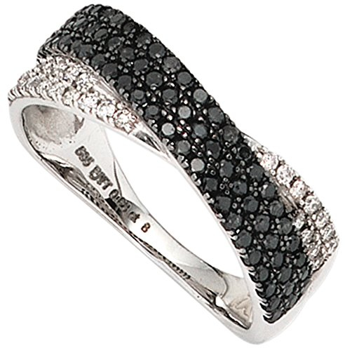 Jobo Damen-Ring aus 14 Karat 585 Weißgold mit 100 Diamanten schwarz und weiß Größe 56