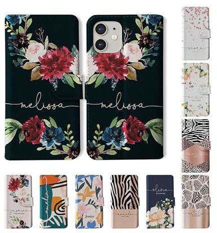Tirita Personalised Wallet Phone Case for iPhone 11 Pro With Card Holder – Leather Flip Case or Cover With Custom Name – Cute Personalised Gift for Women [07. Black Floral English Roses]