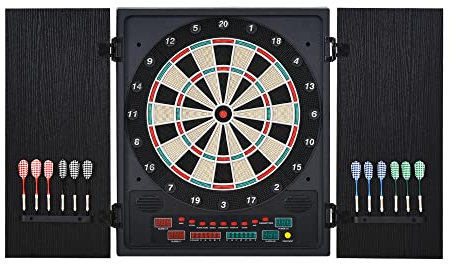 HOMCOM Electronic Dartboard Set, 27 Games Modes and 202 Variations, LED & 12 Soft Tip Darts and Cabinet to Storage, Ready-to-Play Multi-Game Option Darts Machine