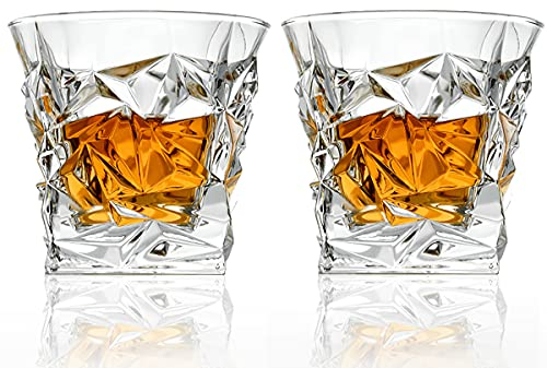 BOWD Whisky Gläser Bleifreies Kristall Gläser 2er Set Whiskey Glas Geschenkset mit Ice Rock Design Whiskey Tumbler für Scotch Vintage Rock Style Trinkbar Brandy Cocktail Glas Becher (280ml)