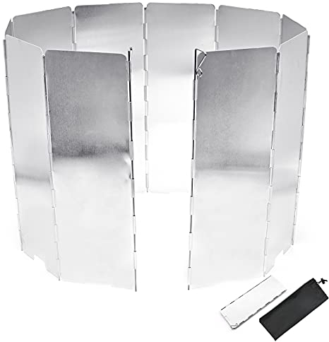 Windschutz für Campingkocher, Faltbar Windschutz Gaskocher, Leichter Windschutz, Camping Windschutzscheibe mit 10 Lamellen aus Aluminium und Tragetasche für Outdoor, Campingkochern, Gaskochern
