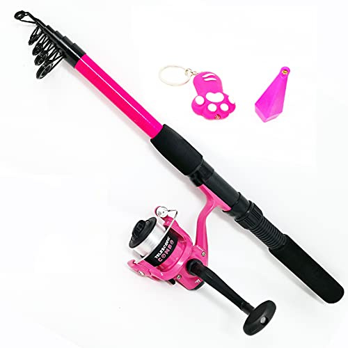 FLADEN KIDS Fishing Rod Combo - Fishing Fun with Green Frog or Pink Cat Telescopic (1.8m / 6ft) Rod/Matching Reel/Line/Training Weight/Fun LED Keyring Fishing Combo - Ideal Set For Children