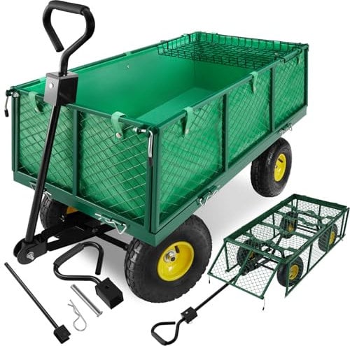 tectake® Heavy Duty Utility Cart & Garden Trolley, Foldable, Padded Handle, Removable Shelf, 550kg Load Capacity, Coupler for Attachments, Washable Lining - Ideal for Gardening or Camping