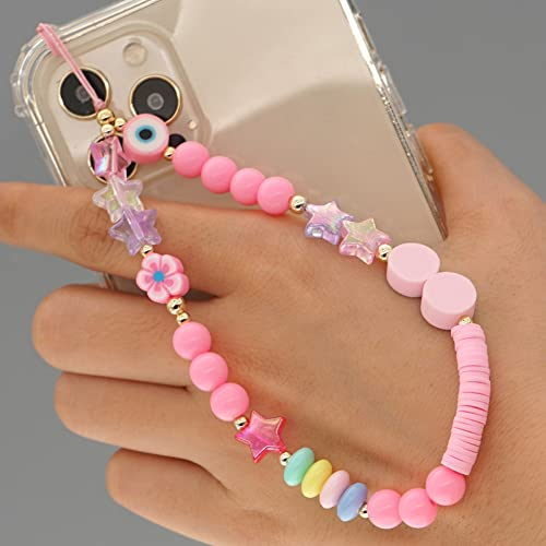 Herbests Handykette Perlen Handyanhänger, Böhmische Bunte Perlen Telefon Kette Strap Acryl Lächeln Stern Perlen Handy Lanyard Telefon Anhänger Universale Lanyard Handy Schmuck Hängen Chian für Frauen