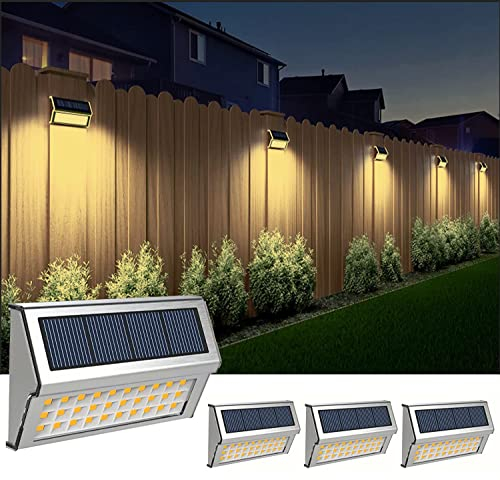 GVOREE Solarlampen für Außen, 4 Stück Warmweiß Edelstahl Wandleuchte 30LED Weißes Licht Dekorative Lichter für Garten Zaun Terrassen Weg