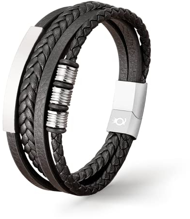 UNIQAL | Lederarmband Herren BLACK SHAPE Mens Bracelet | Edelstahl, Echtleder | Etui Box Gratis (Silver, 23.00)