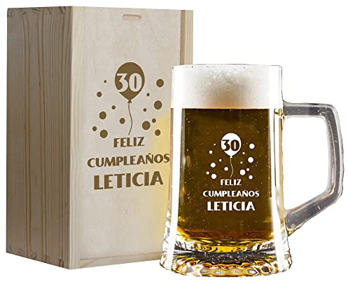 CALLE DEL REGALO Jarra de Cerveza grabada con su Nombre, Edad y dedicatoria con caja de madera